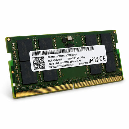Diagonal view of Micron MTC16C2085S1SC56BG1 32GB DDR5 5600MHz 2Rx8 SODIMM laptop memory module.