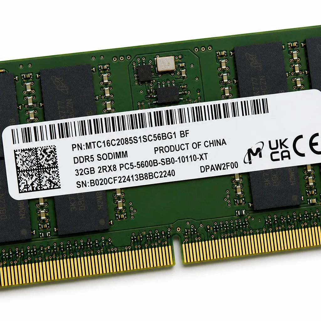Close-up of the Micron MTC16C2085S1SC56BG1 DDR5 SODIMM label showing 32GB 5600MHz PC5-5600B specifications.