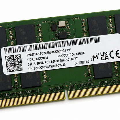 Close-up of the Micron MTC16C2085S1SC56BG1 DDR5 SODIMM label showing 32GB 5600MHz PC5-5600B specifications.