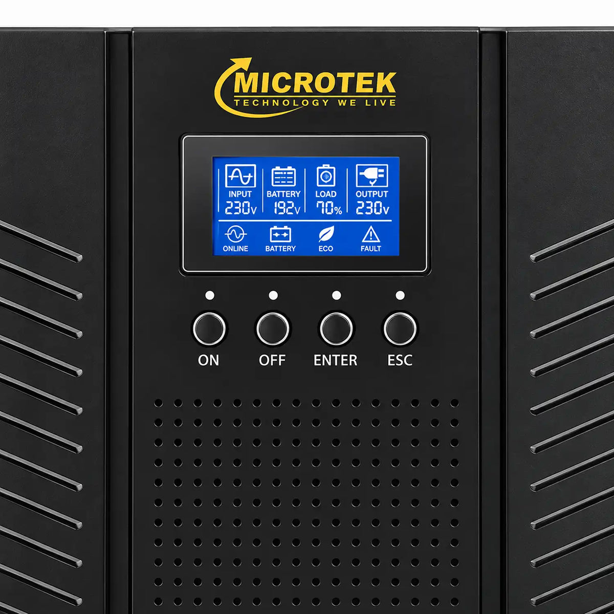 Microtek 6KVA 192V Online UPS LCD display close-up showing input voltage battery voltage load and output voltage -tpstech.in