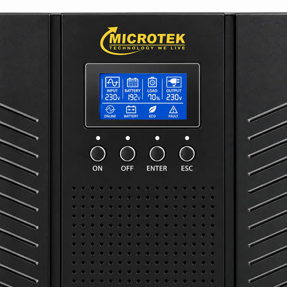 Microtek 6KVA 192V Online UPS LCD display close-up showing input voltage battery voltage load and output voltage -tpstech.in