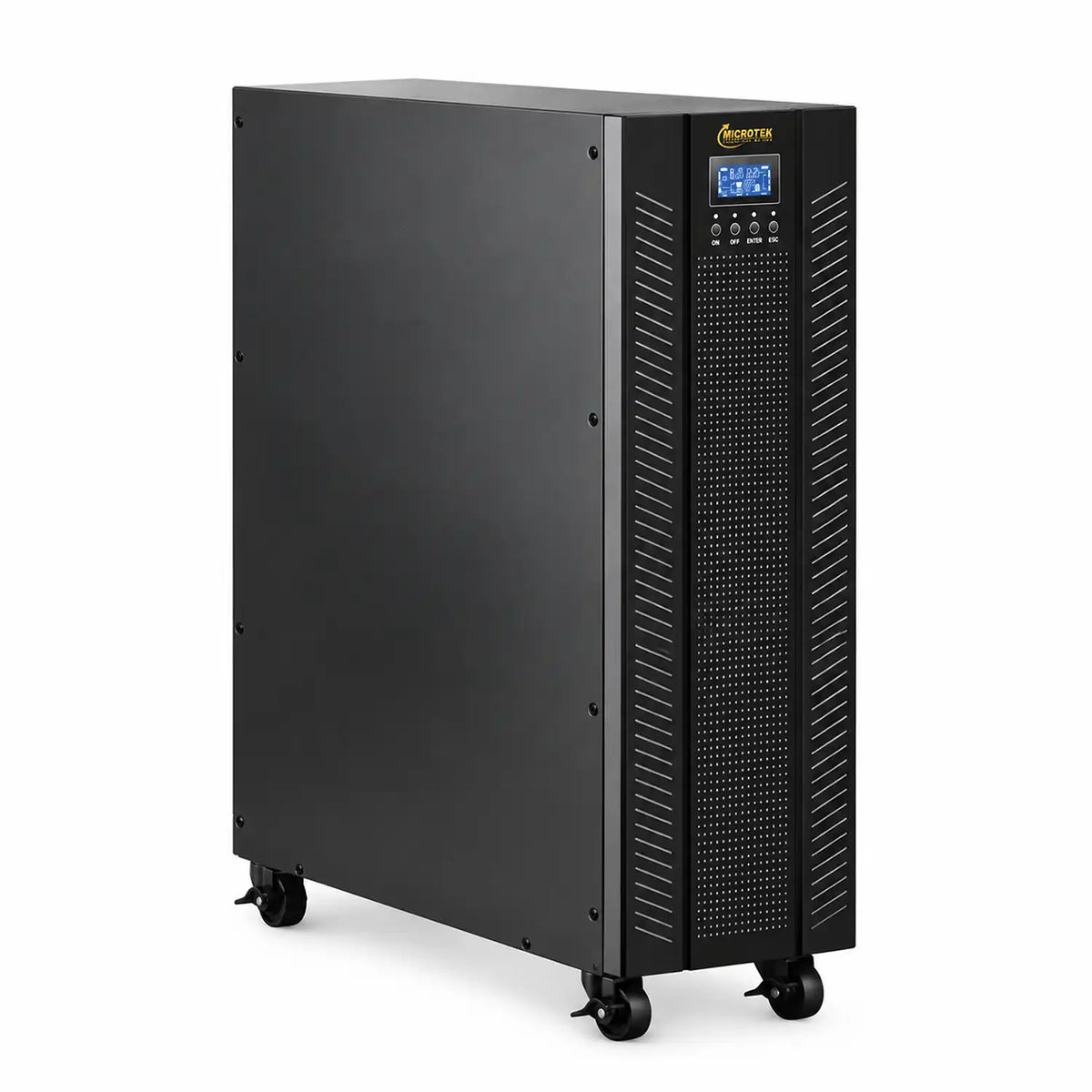 Microtek 6KVA Online UPS rear side view showing full metal cabinet and caster wheels -tpstech.in