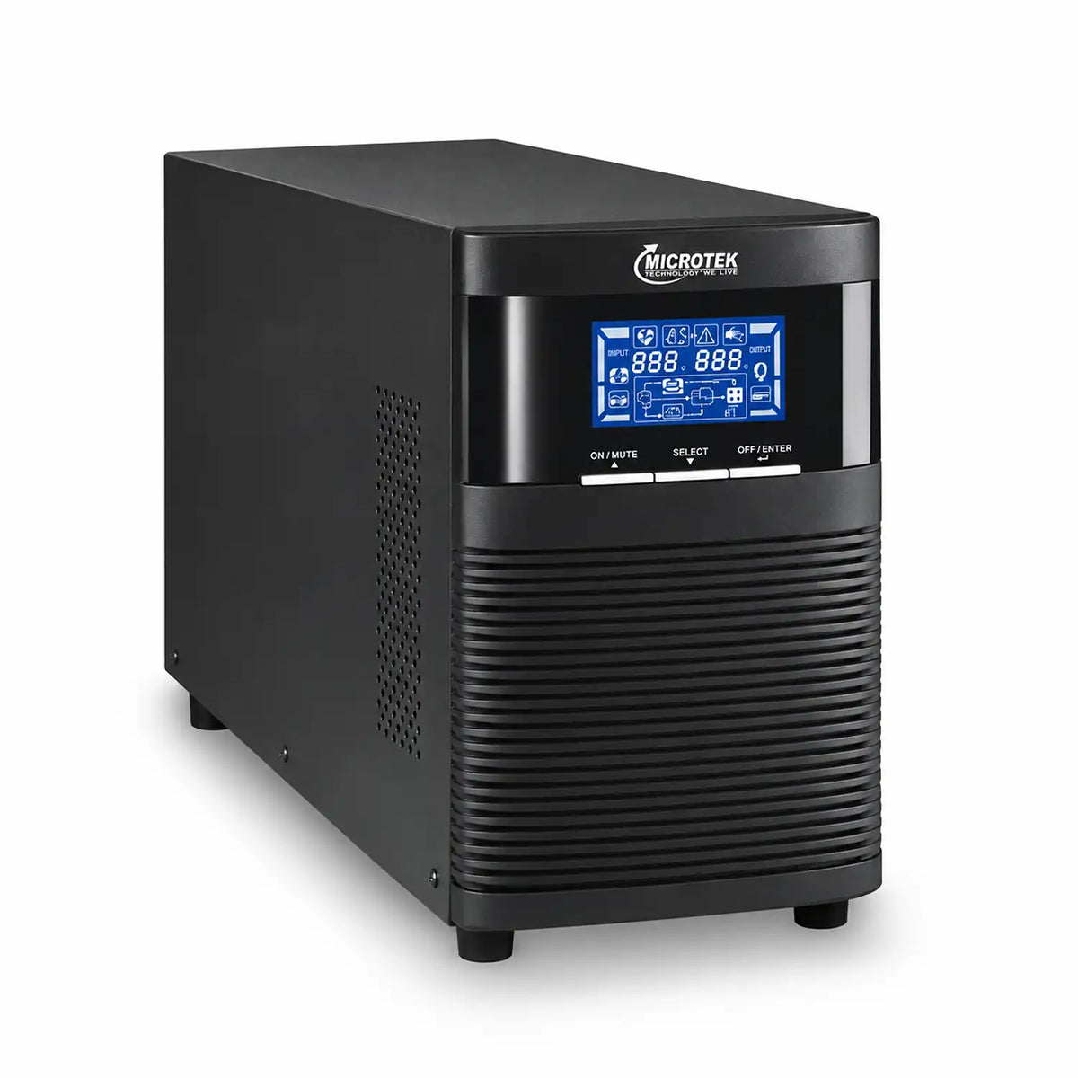 Microtek E2-IB 1KVA 24VDC online UPS front left view with LCD display-tpstech.in