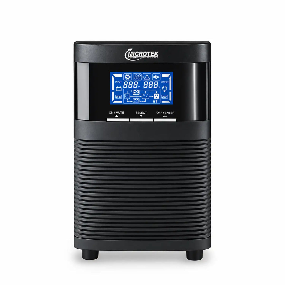 Microtek E2-IB 1KVA 24VDC online UPS front view with digital LCD display-tpstech.in