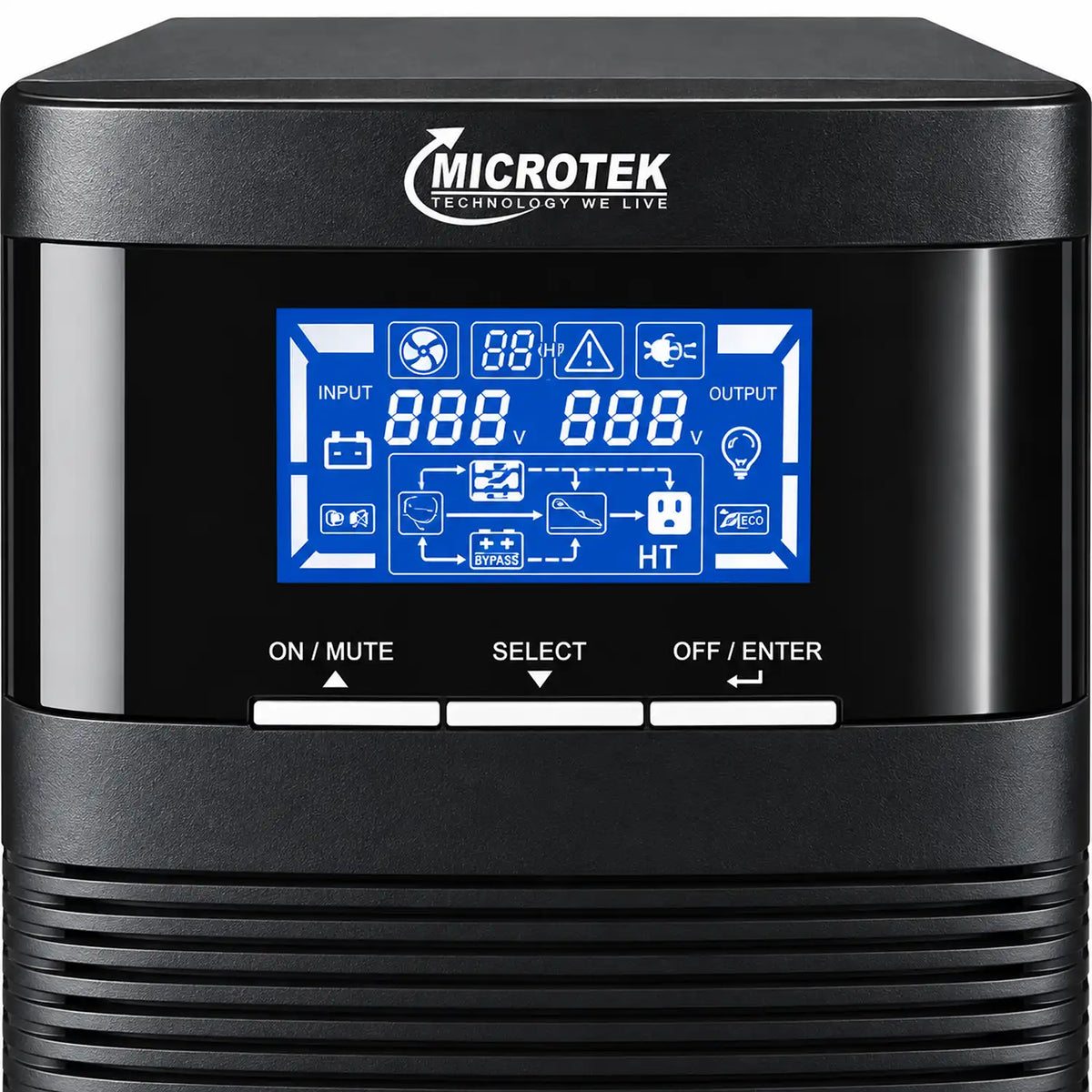 Microtek E2-IB 1KVA 24VDC online UPS LCD display close-up with control buttons-tpstech.in