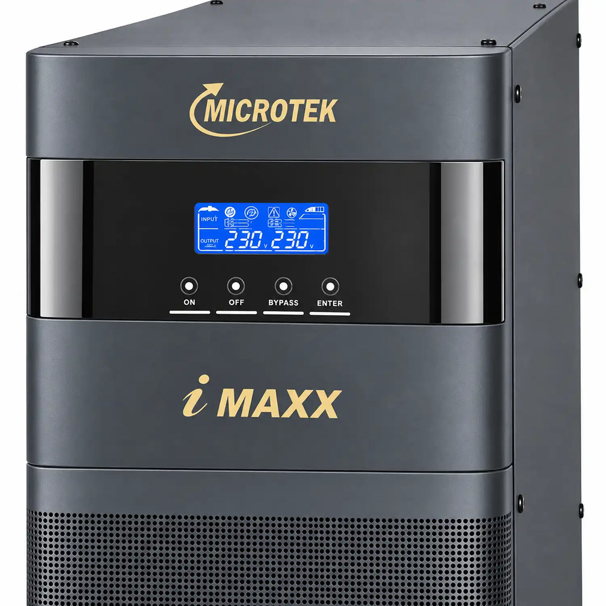 Microtek i MAXX online UPS close-up showing LCD display, ON, OFF, BYPASS and ENTER controls -tpstech.in