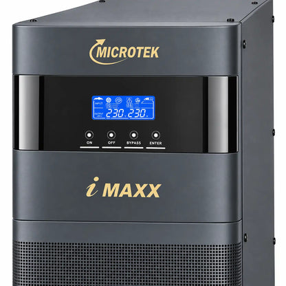 Microtek i MAXX online UPS close-up showing LCD display, ON, OFF, BYPASS and ENTER controls -tpstech.in