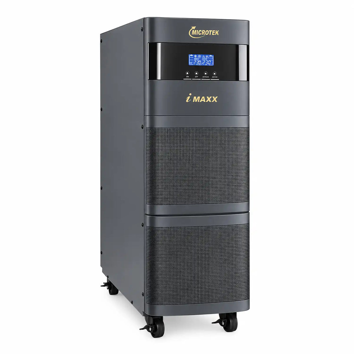 Microtek i MAXX online UPS front left angle view with digital display and ventilation panels -tpstech.in