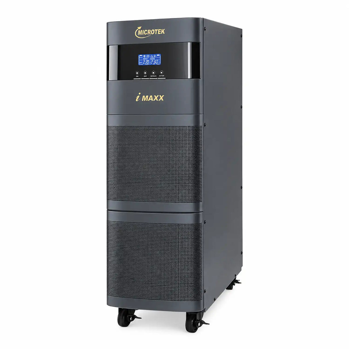 Microtek i MAXX online UPS front right angle view with digital display and caster wheels -tpstech.in