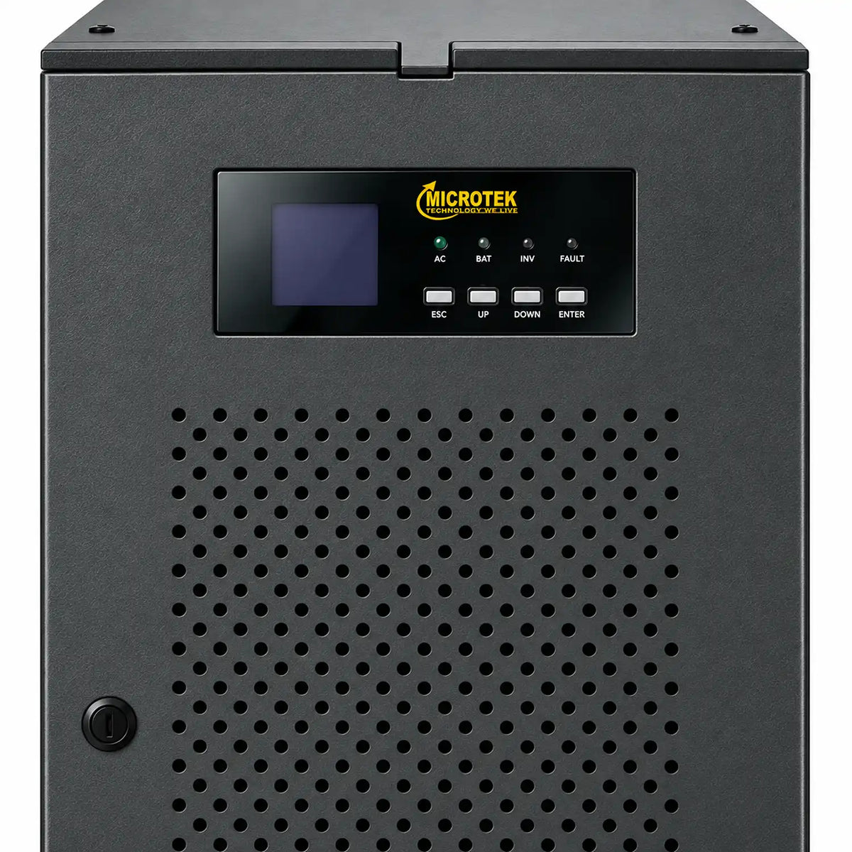 Microtek iMAXX 10kVA 360V Transformer Based Online UPS with 3-Phase Output display and control buttons close-up -tpstech.in