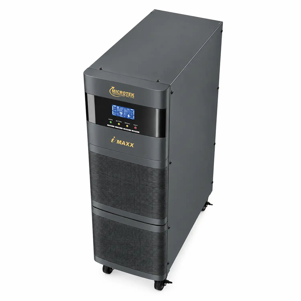 Microtek iMAXX 5.5kVA 192V online UPS top front angle showing cabinet and LCD display -tpstech.in