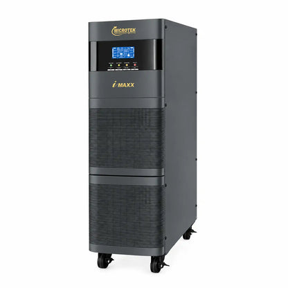 Microtek iMAXX 5.5kVA online UPS front right view with LCD display and caster wheels -tpstech.in
