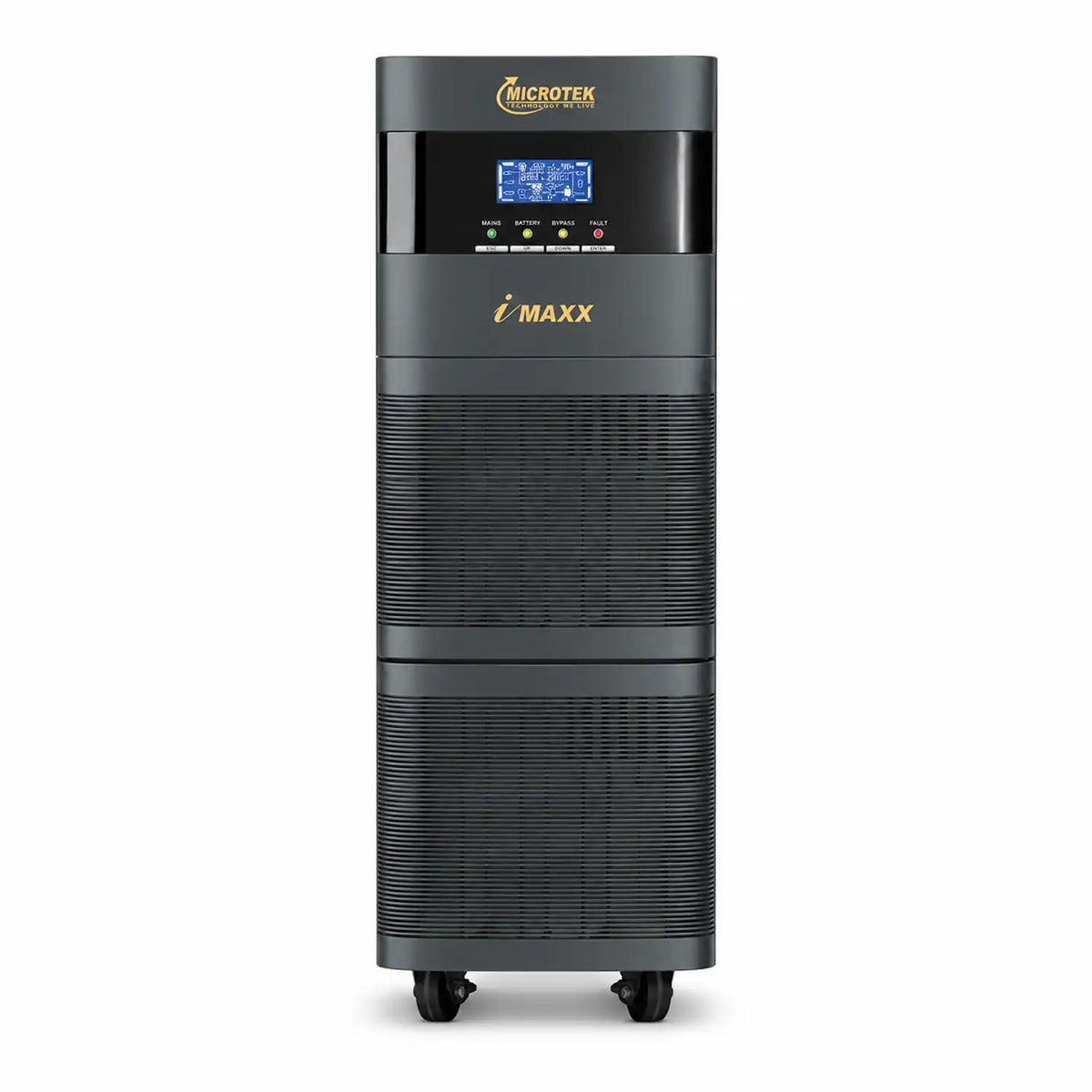 Microtek iMAXX 7.5kVA online UPS front view with LCD display, status indicators and ventilation panels -tpstech.in