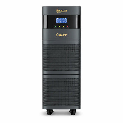 Microtek iMAXX 7.5kVA online UPS front view with LCD display, status indicators and ventilation panels -tpstech.in