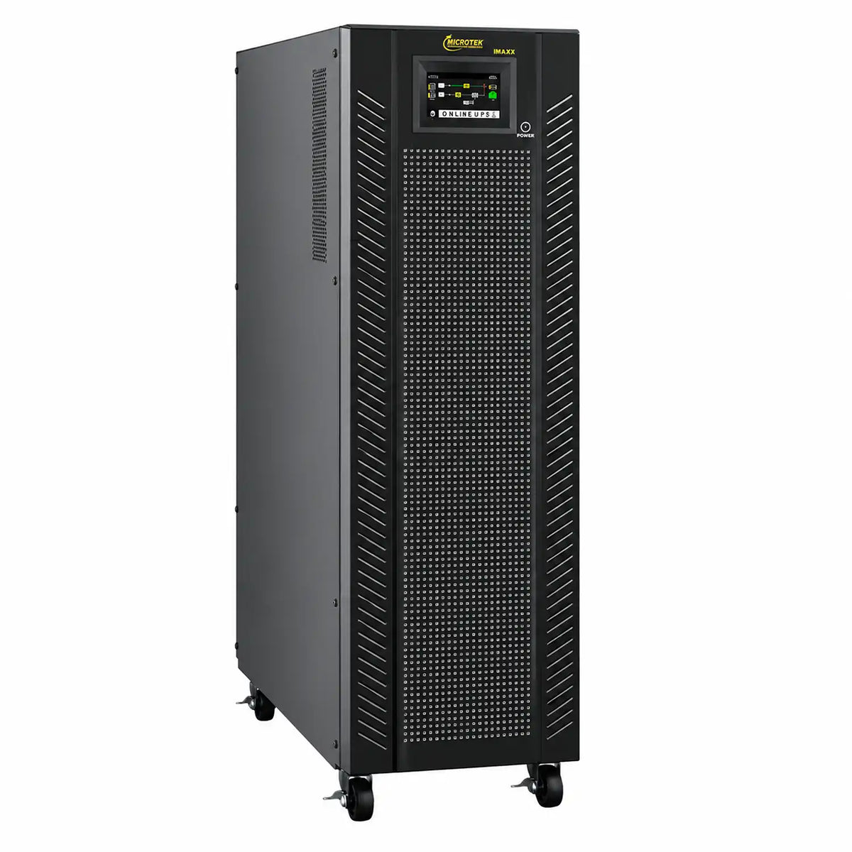 Microtek iMAXX online UPS front left view showing ventilation panels and caster wheels -tpstech.in