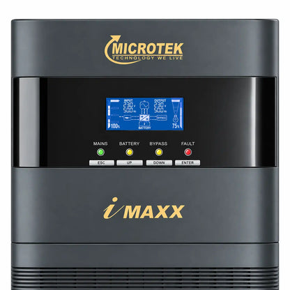 Microtek iMAXX online UPS LCD display close-up showing input output voltage frequency and load status -tpstech.in