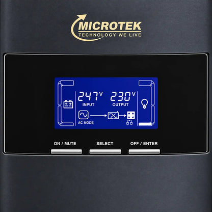 Microtek MAX+ 3KVA online UPS LCD display showing input and output voltage-tpstech.in