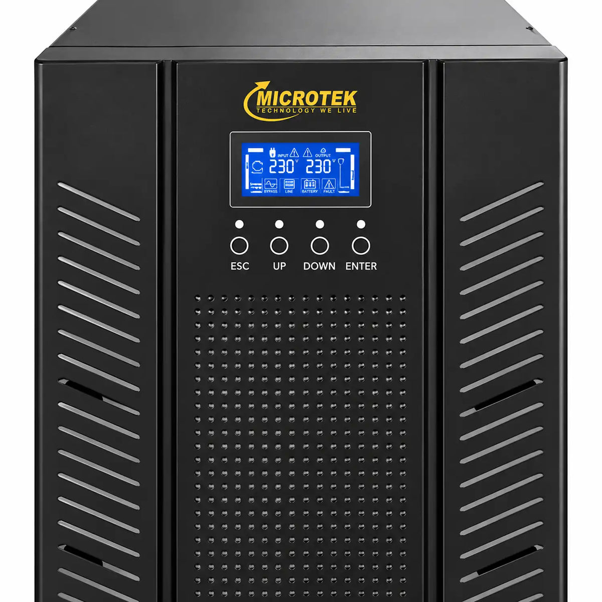 Microtek Supermax+ 20 kVA online UPS LCD display and control panel close-up tpstech.in