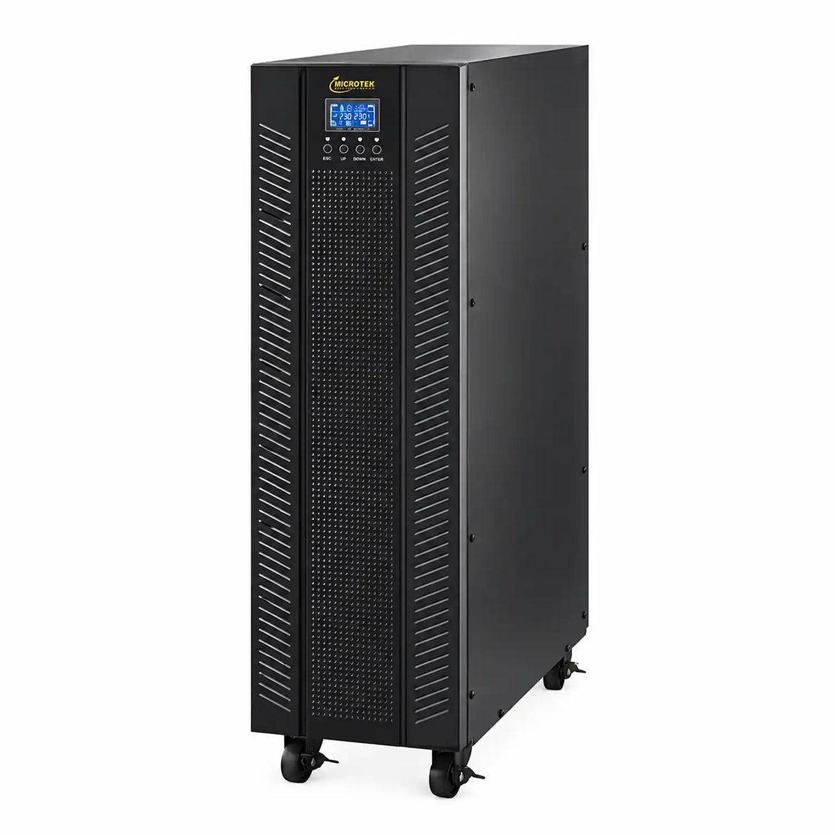 Microtek Supermax+ 20 kVA online UPS black floor mounted front angle view tpstech.in