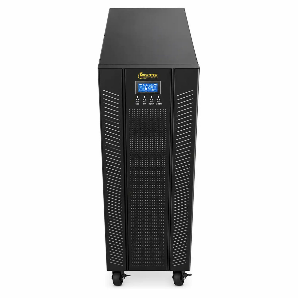 Microtek Supermax+ 20 kVA online UPS black top front view with display and ventilation tpstech.in