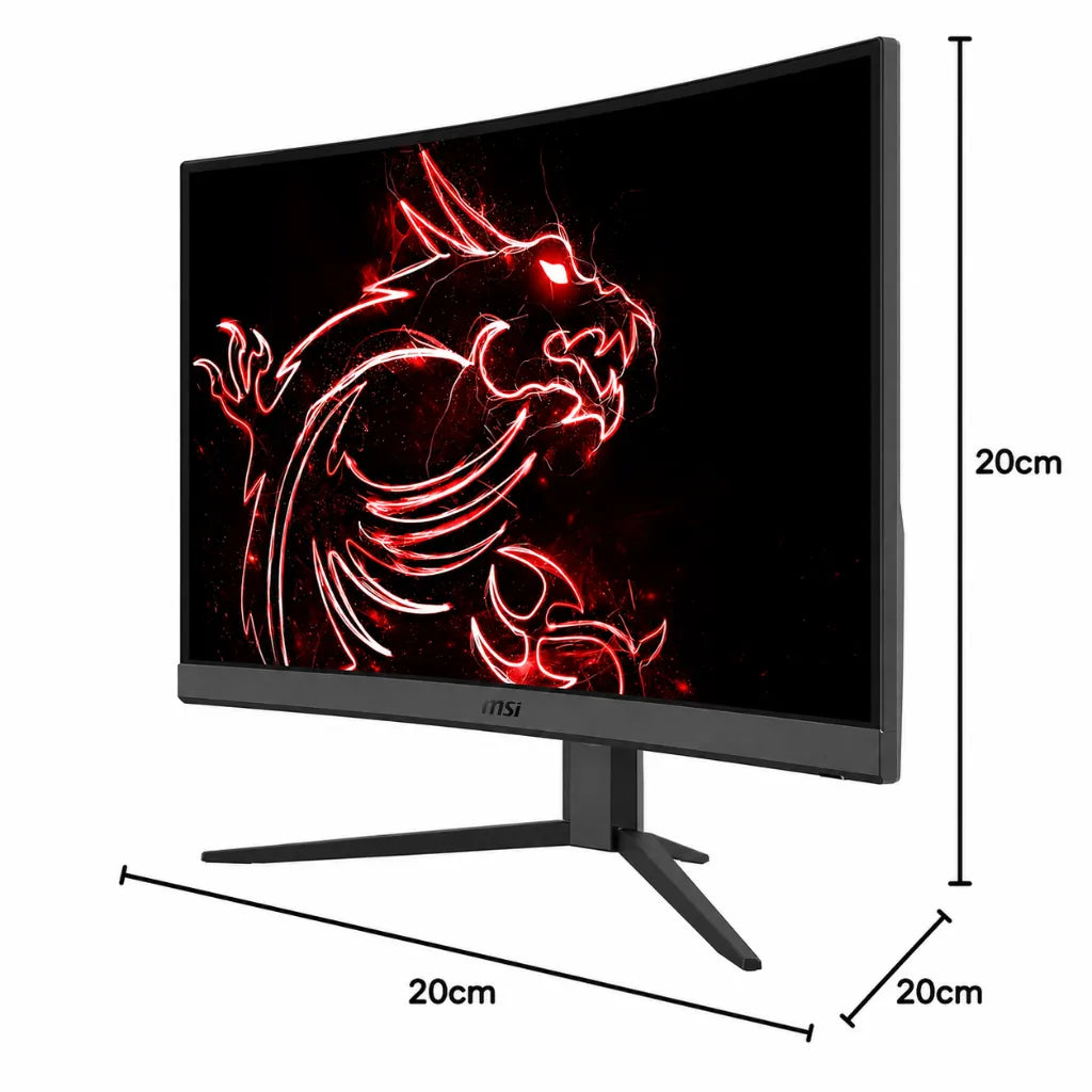 MSI G27CQ4 E2 27 inch curved gaming monitor angled front view with product dimension illustration