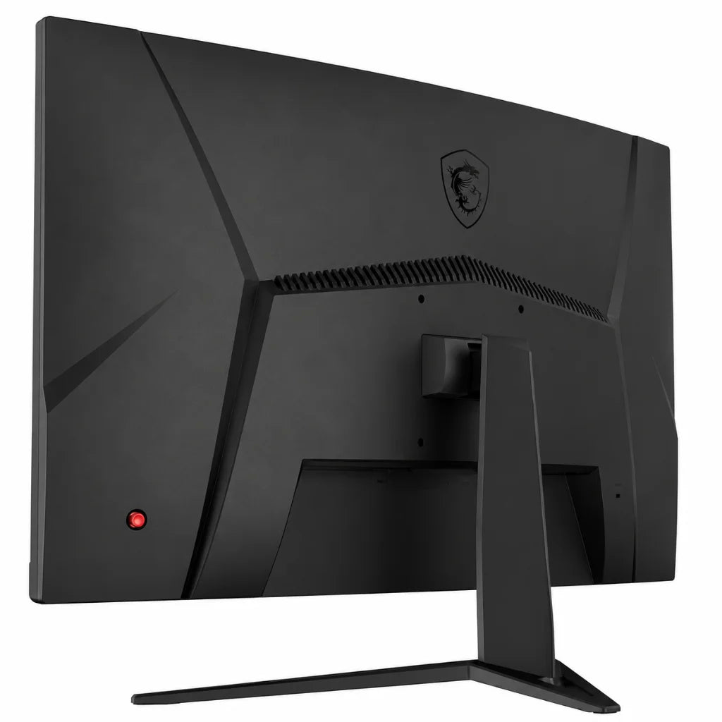 MSI G27CQ4 E2 27 inch curved gaming monitor rear left angle view with angular back panel and gaming stand