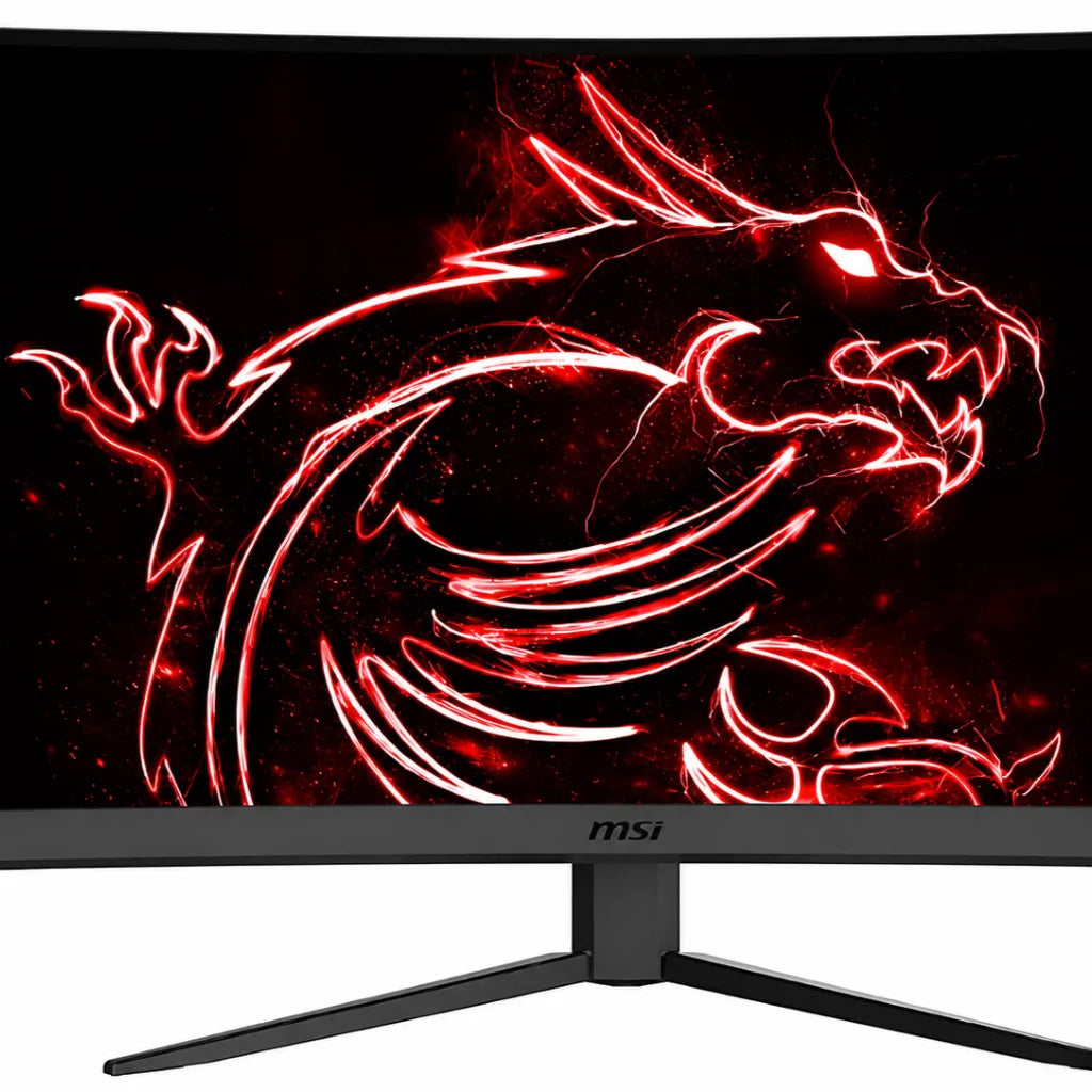 MSI G27CQ4 E2 curved gaming monitor front close view with MSI gaming display artwork on screen