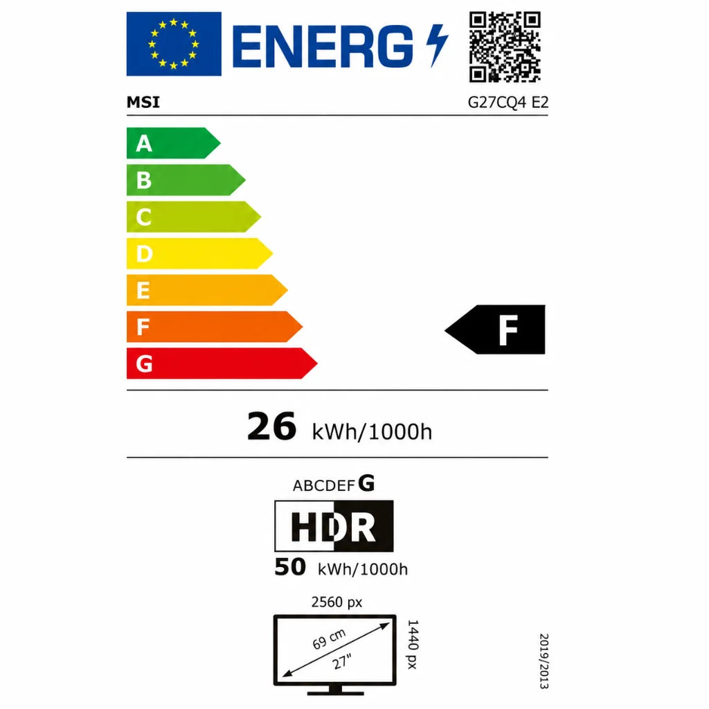 MSI G27CQ4 E2 energy rating label for 27 inch WQHD gaming monitor showing F energy class and power consumption details