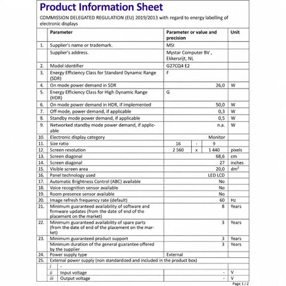 MSI G27CQ4 E2 product information sheet showing monitor specifications energy data screen size and resolution details