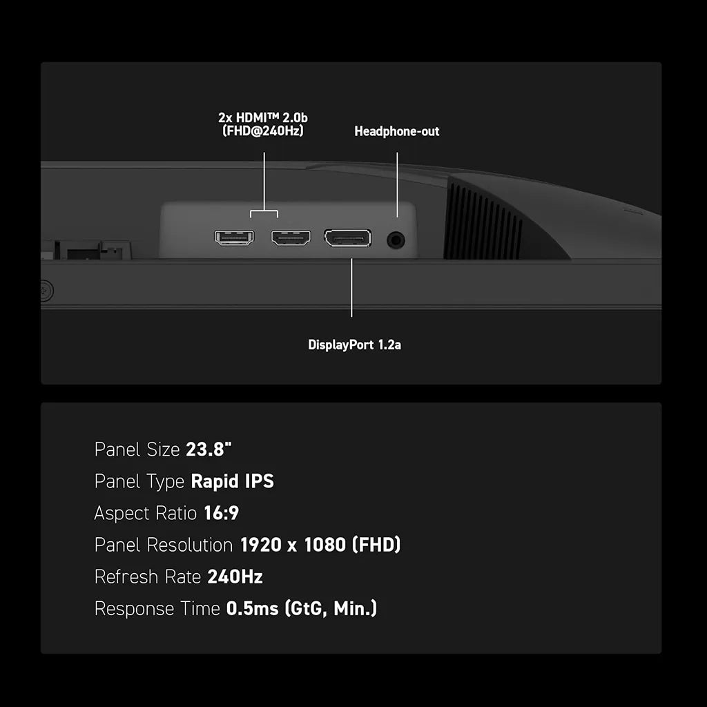 MSI MAG 245F X24 24 Inch FHD Gaming Monitor 240Hz Rapid IPS rear connectivity ports diagram and key panel specifications -tpstech.in