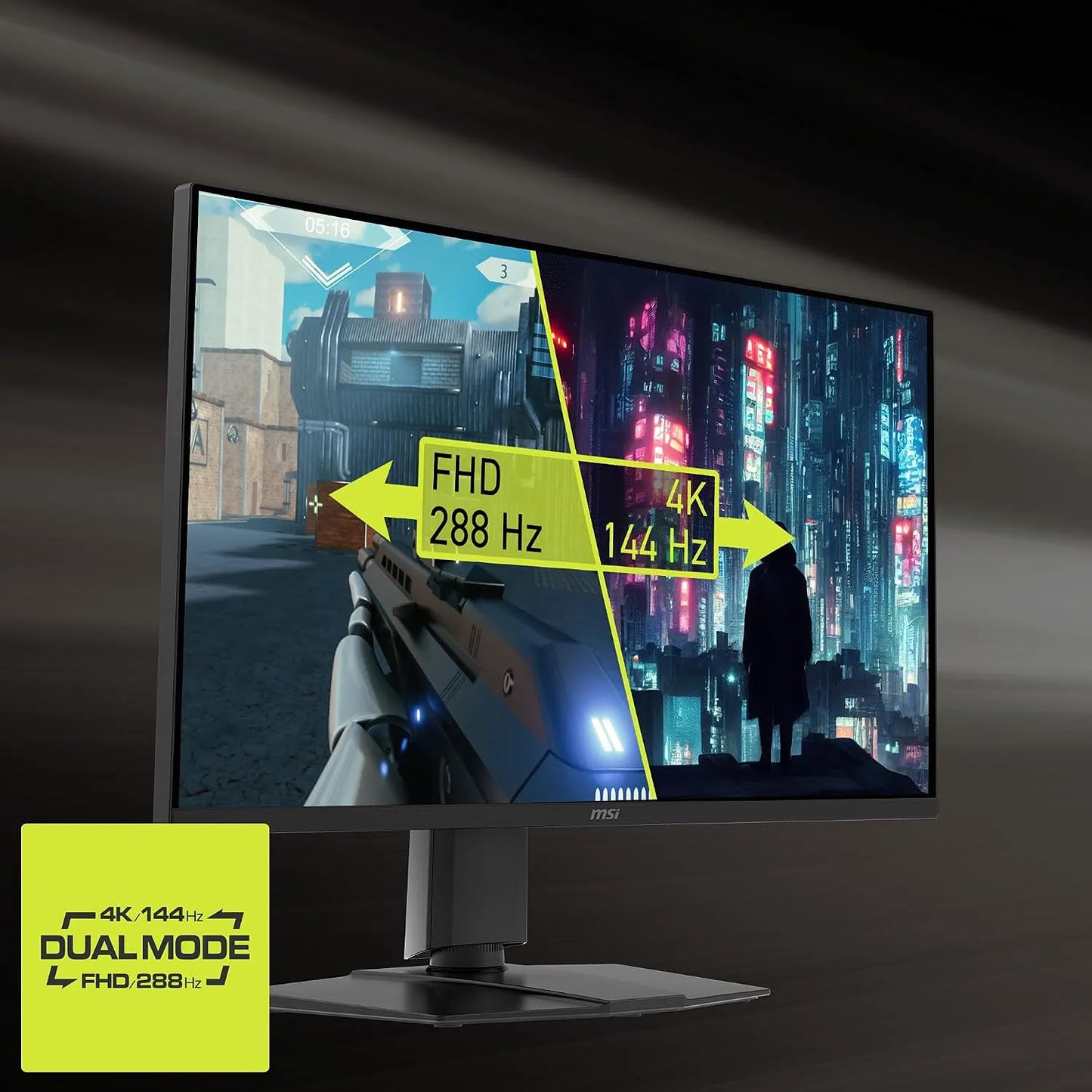 MSI MAG 275UPD E14 gaming monitor showing 4K 144Hz and FHD 288Hz Dual Mode performance -tpstech.in