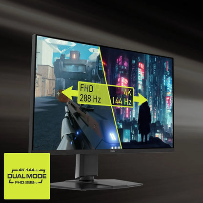 MSI MAG 275UPD E14 gaming monitor showing 4K 144Hz and FHD 288Hz Dual Mode performance -tpstech.in