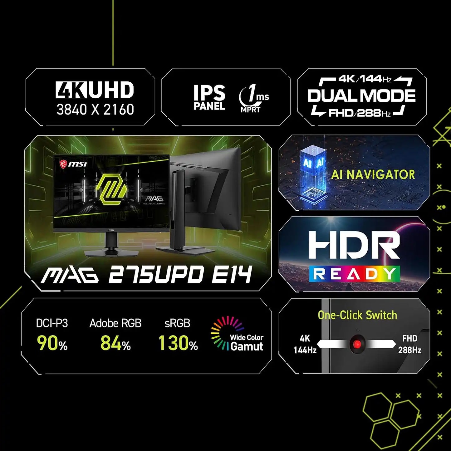 MSI MAG 275UPD E14 4K 144Hz IPS gaming monitor with Dual Mode, AI Navigator, HDR Ready and wide color gamut -tpstech.in