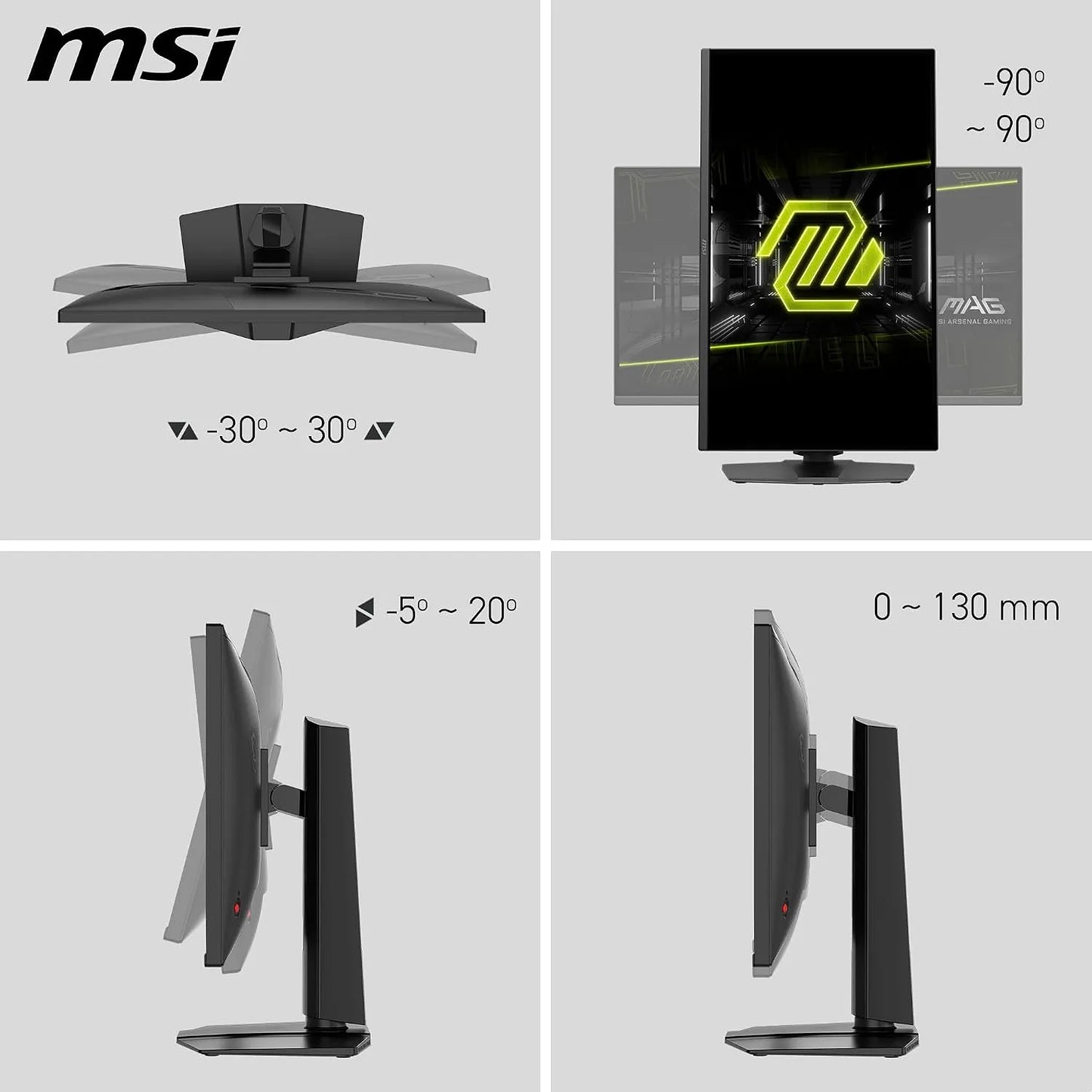 MSI MAG 275UPD E14 gaming monitor showing tilt, swivel, pivot and height adjustment -tpstech.in