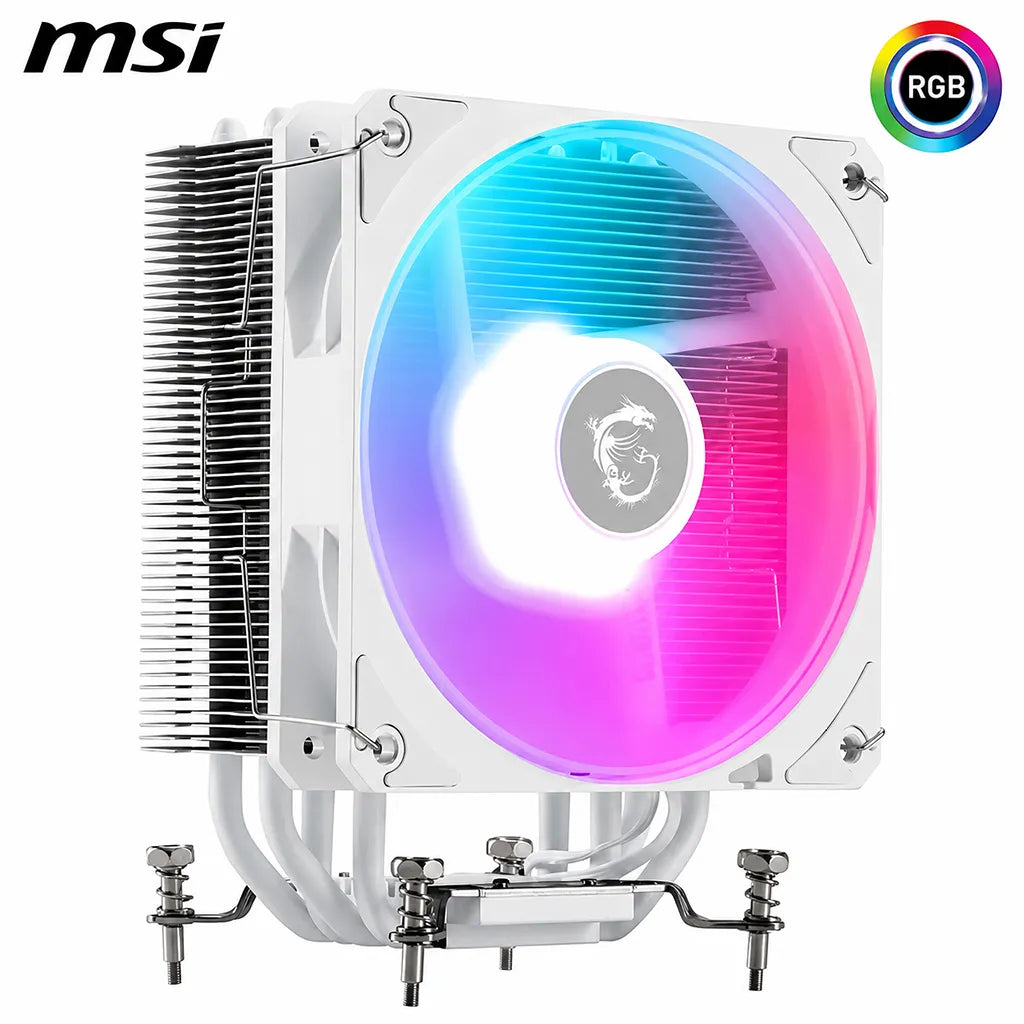 MSI MAG COREFROZR AA13 White CPU Air Cooler angled view featuring 120mm ARGB PWM fan, single tower heatsink and Intel AMD socket compatibility -tpstech.in