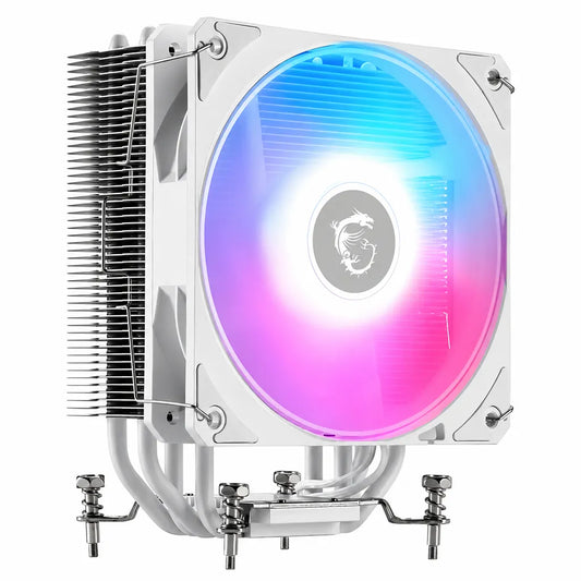 MSI MAG COREFROZR AA13 White CPU Air Cooler perspective view with 120mm ARGB PWM fan, single tower heatsink and four direct contact heat pipes for Intel LGA1700 LGA1851 and AMD AM5 AM4 processors -tpstech.in
