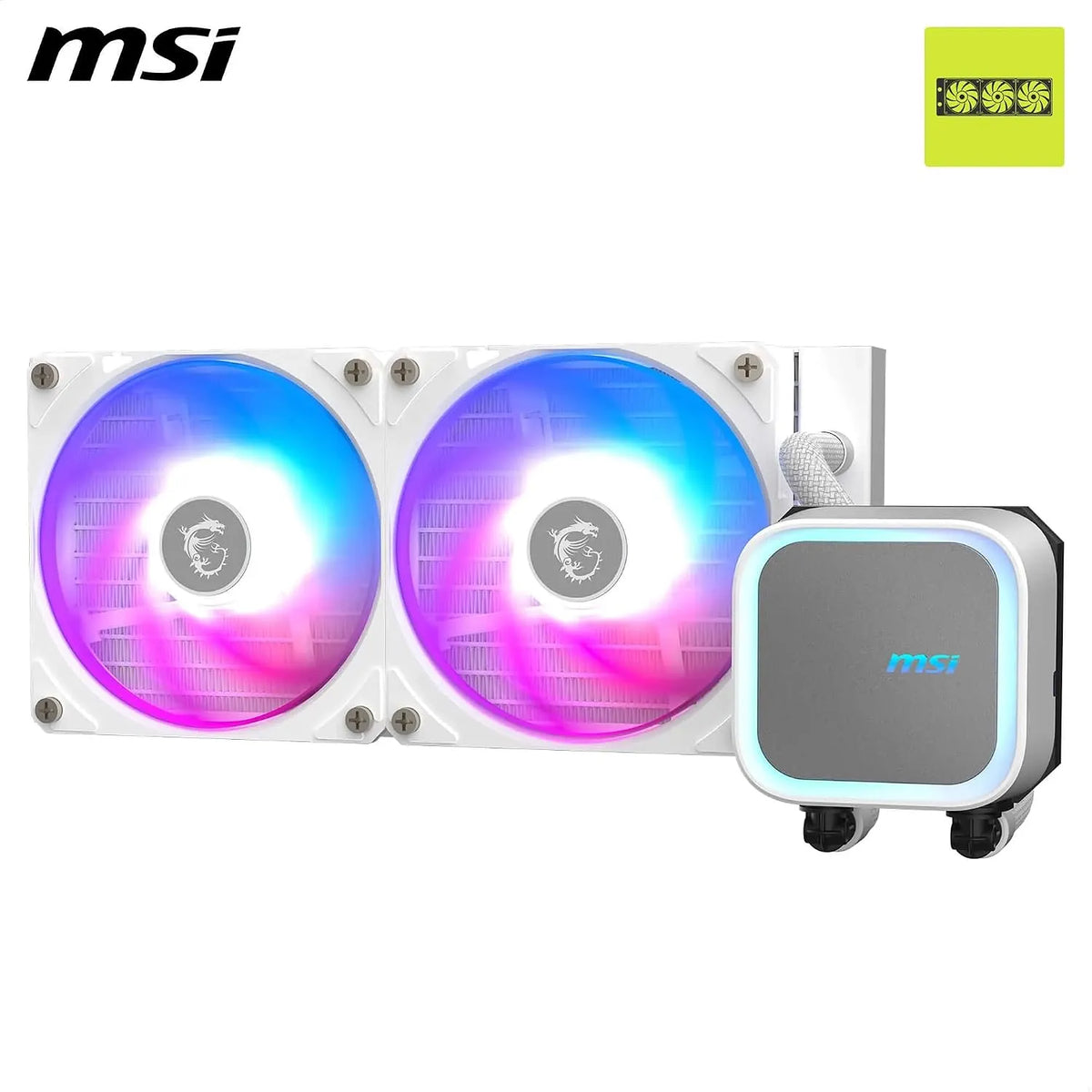 MSI MAG CORELIQUID A13 240 ARGB 240mm AIO liquid CPU cooler in white with illuminated dual fans and pump block -tpstech.in