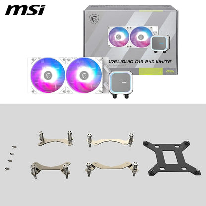 MSI MAG CORELIQUID A13 240 ARGB 240mm AIO liquid CPU cooler retail box and complete mounting kit accessories -tpstech.in