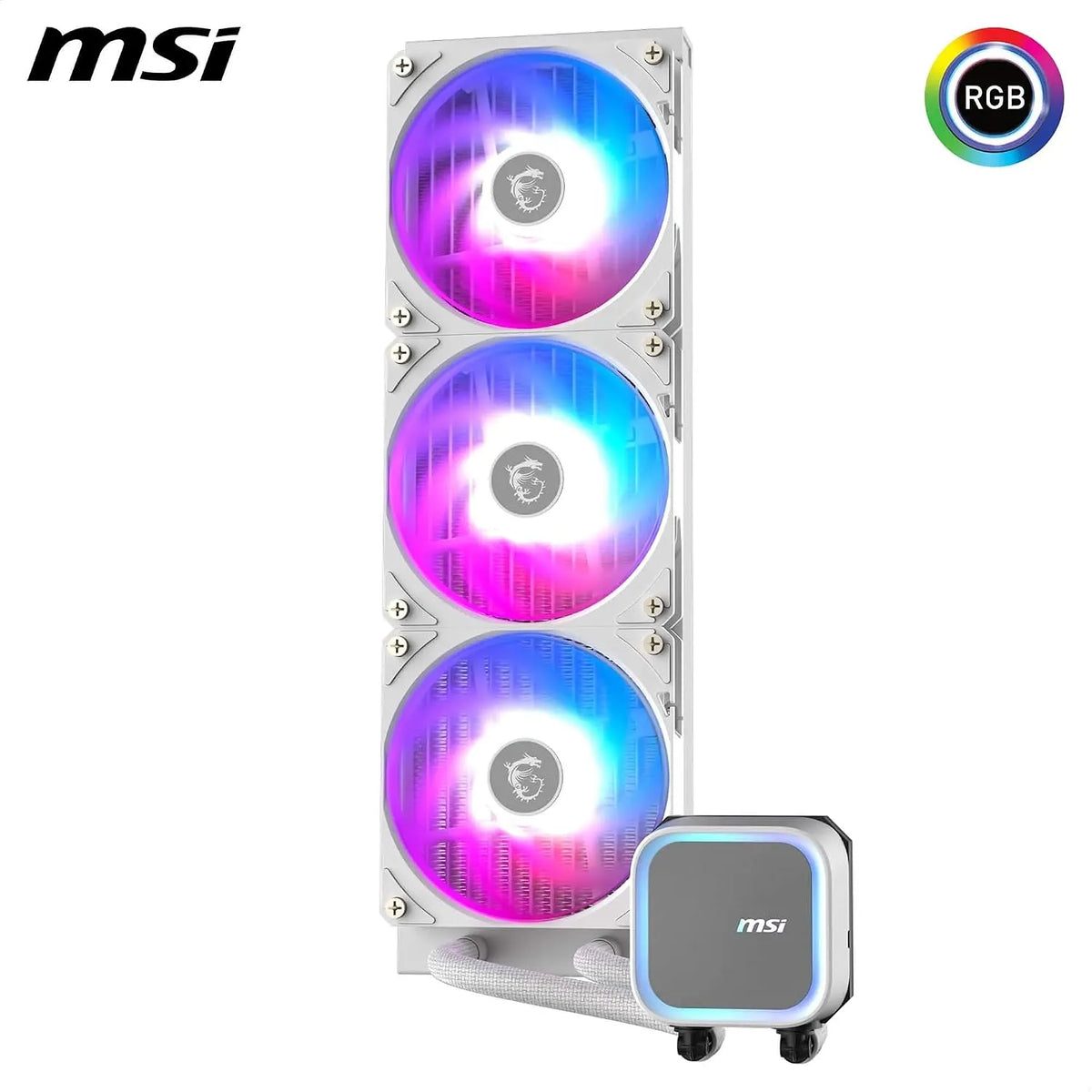 Vertical display view of MSI MAG CoreLiquid A13 360 ARGB 360mm AIO Liquid CPU Cooler in White with triple ARGB fans -tpstech.in
