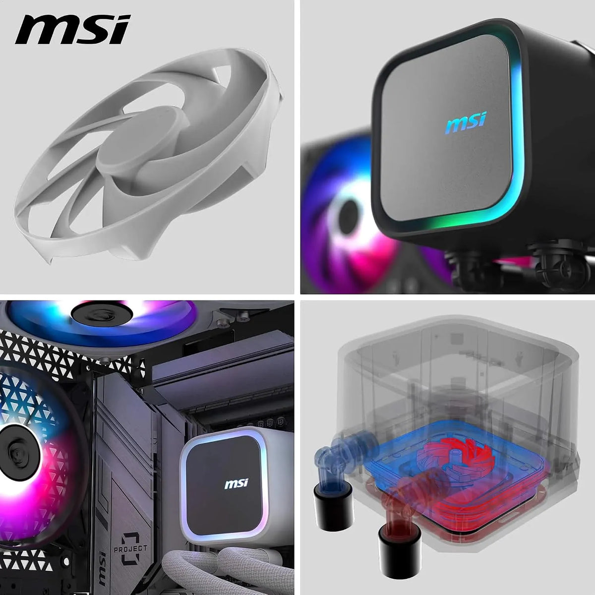 MSI MAG CoreLiquid A13 360 ARGB liquid cooler breakdown showcasing fan blade design and liquid cooling chamber -tpstech.in