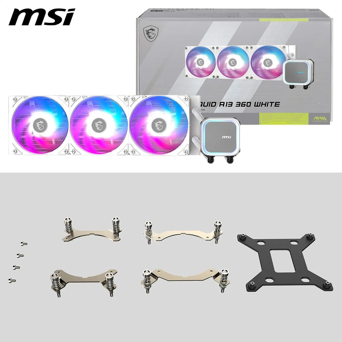 MSI MAG CoreLiquid A13 360 ARGB White liquid CPU cooler with retail packaging box and mounting hardware kit -tpstech.in