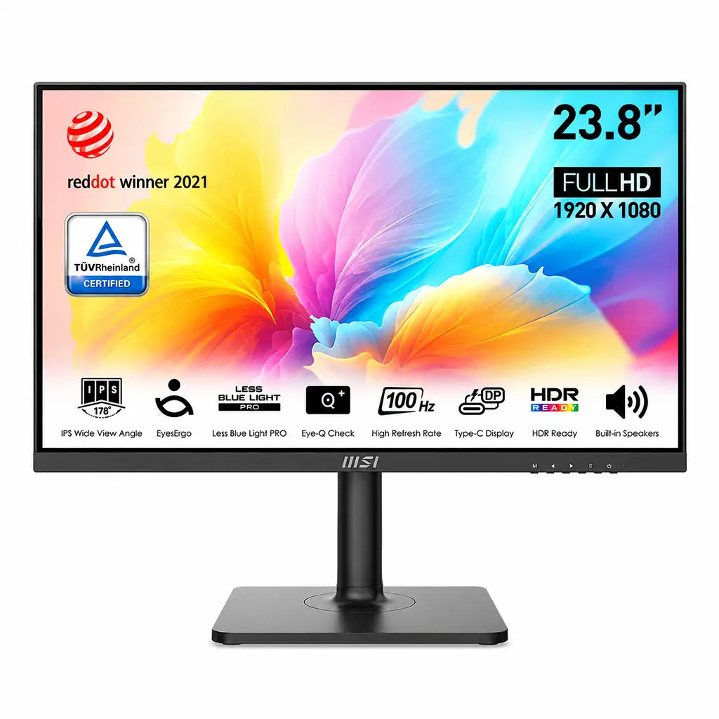 MSI Modern MD2412P 24 Inch FHD IPS Business Monitor with USB-C front view highlighting 100Hz Less Blue Light PRO and Type-C display features -tpstech.in
