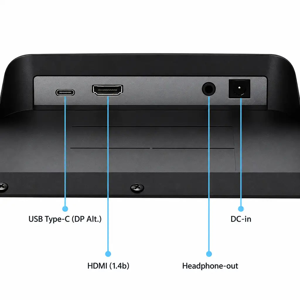 MSI Modern MD2412P 24 Inch FHD IPS Business Monitor with USB-C rear ports diagram showing USB Type-C HDMI headphone-out and DC-in -tpstech.in