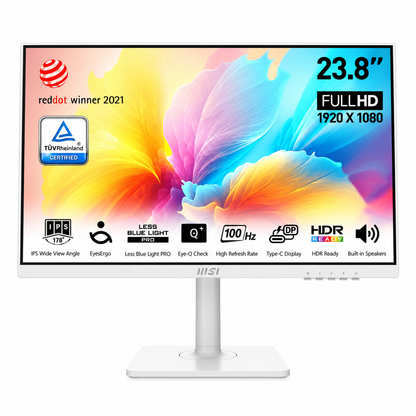MSI Modern MD2412W 23.8 Inch FHD IPS Business Monitor (White) front view highlighting 100Hz Less Blue Light PRO and Type-C display features -tpstech.in