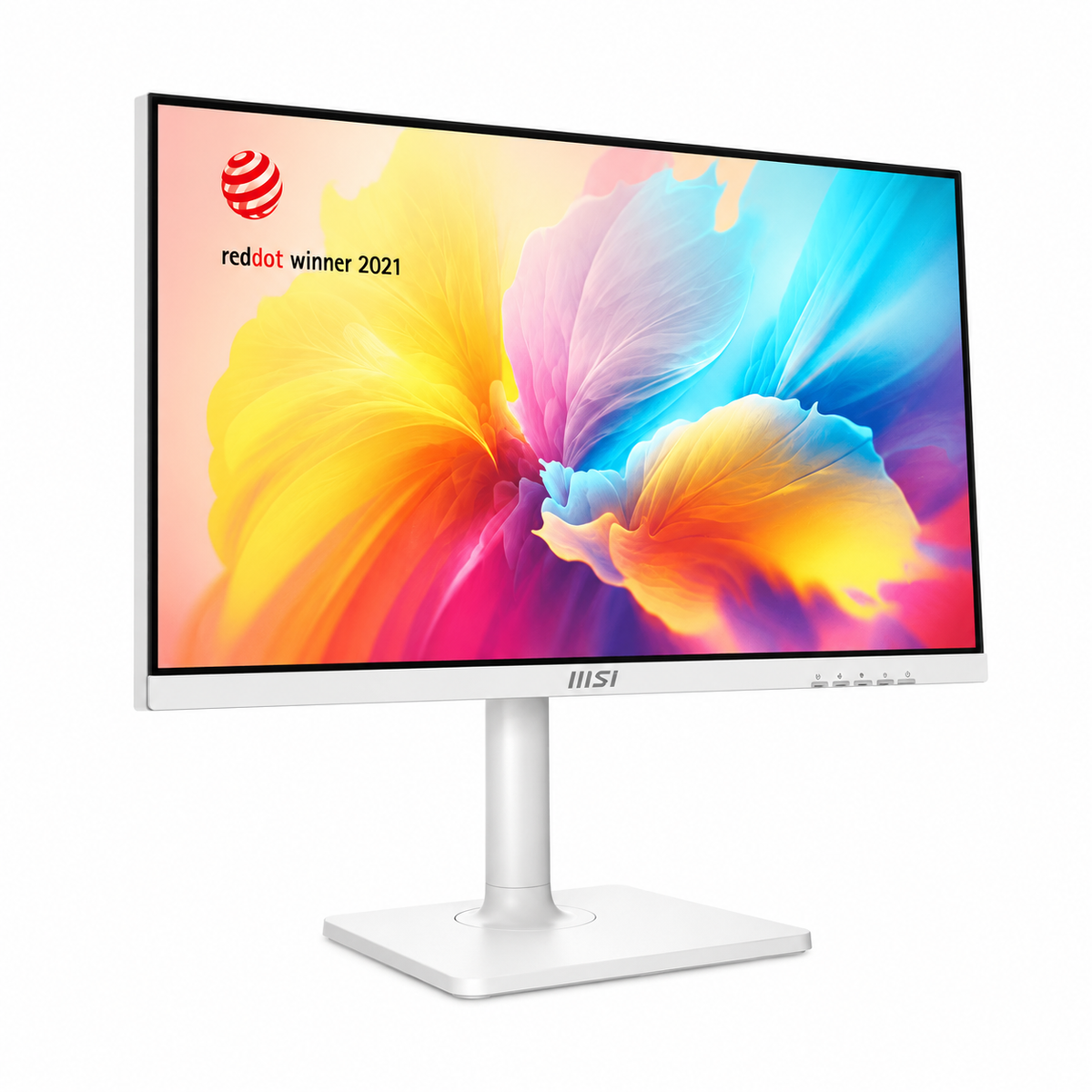 MSI Modern MD2412W 23.8 Inch FHD IPS Business Monitor (White) front right perspective view displaying vibrant floral wallpaper -tpstech.in