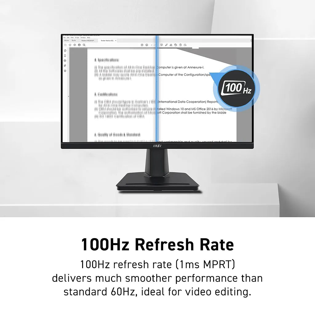 MSI PRO MP225V 21.45-inch FHD Business Monitor Eye Care PC front display demonstrating smooth 100Hz document scrolling -tpstech.in
