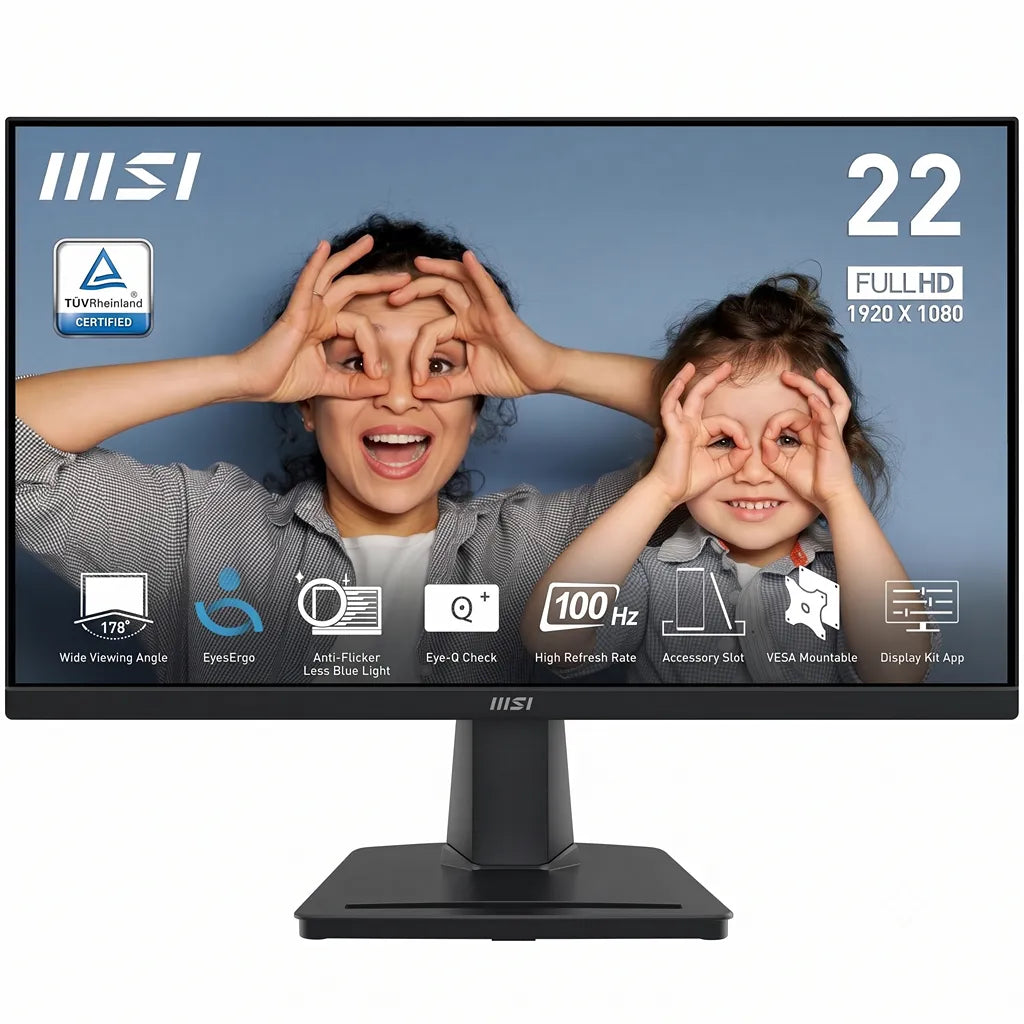 MSI PRO MP225V 21.45-inch FHD Business Monitor Eye Care PC direct front view displaying full feature badges and desktop stand -tpstech.in