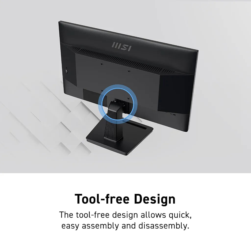 MSI PRO MP225V 21.45-inch FHD Business Monitor Eye Care PC back view illustrating quick tool-free stand assembly -tpstech.in