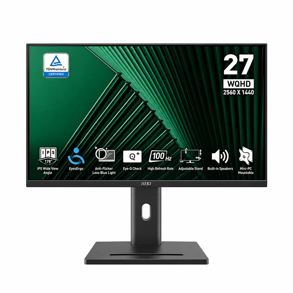 MSI PRO MP275QPG 27 Inch 100Hz WQHD IPS Business Monitor front view displaying key features and eye care certifications -tpstech.in