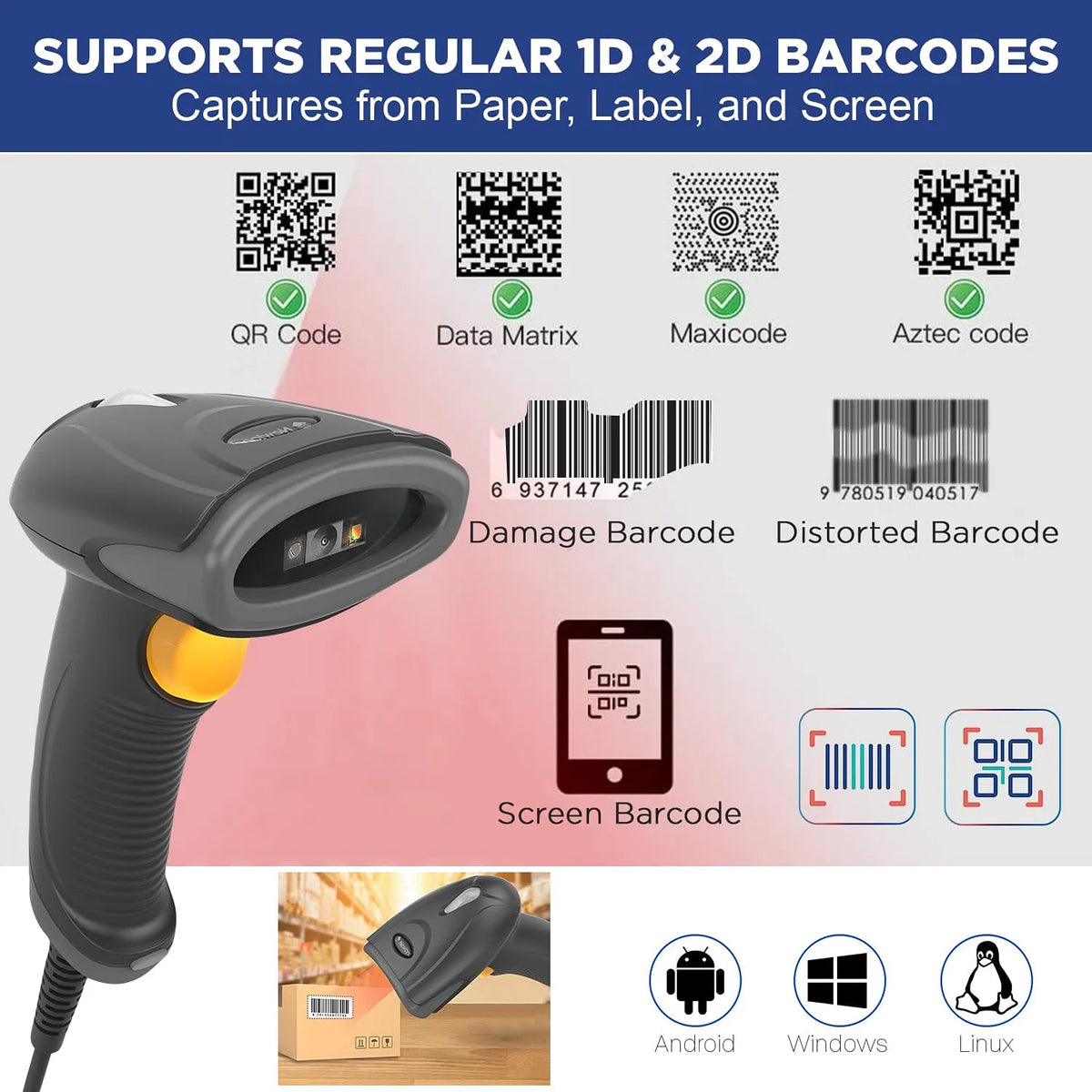 Newland NLS-HR2081-Lite handheld 2D barcode scanner supporting QR codes, Data Matrix, damaged barcodes, and screen scanning -tpstech.in